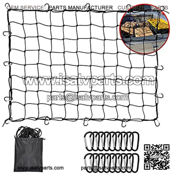 Truck Pickup Bed Cargo net, Roof Rack Cargo Net, 5??X7?? Heavy Duty Bungee Cargo Net Stretches to 10' x 14?? for Trailer Pickups SUVs, with 12 Metal Carabiners, Storage Bag.