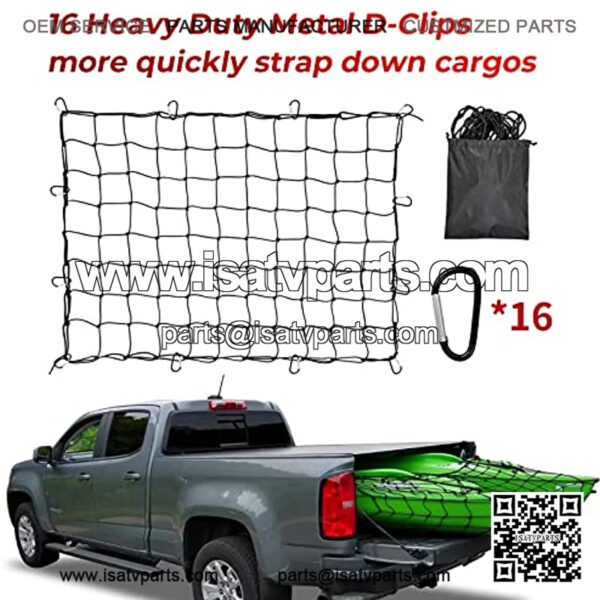 Truck Pickup Bed Cargo net, Roof Rack Cargo Net, 5??X7?? Heavy Duty Bungee Cargo Net Stretches to 10' x 14?? for Trailer Pickups SUVs, with 12 Metal Carabiners, Storage Bag. - Image 2
