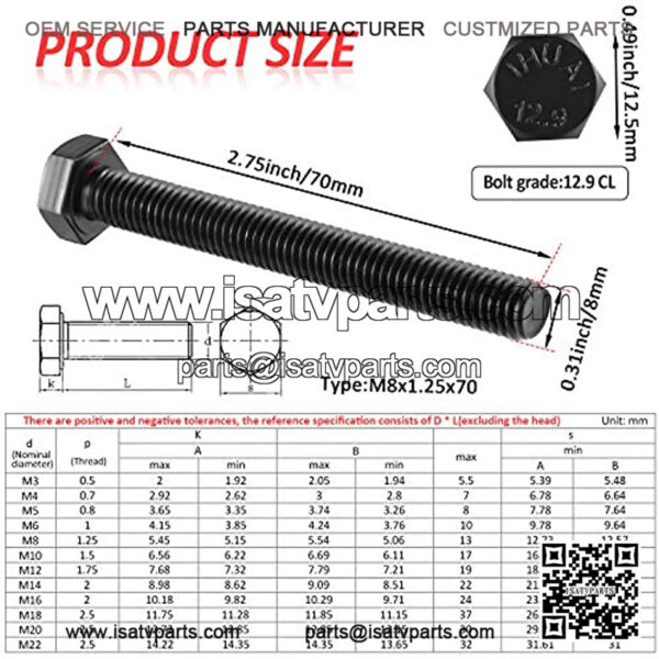 4 Pieces M8 8mm Secondary Clutch Spreader Belt Change Removal Tool for ATV's and SXS's Bolt M8 x 1.25 x 70, 12.9 CL, Pre Oil, Fully Threaded - Image 2