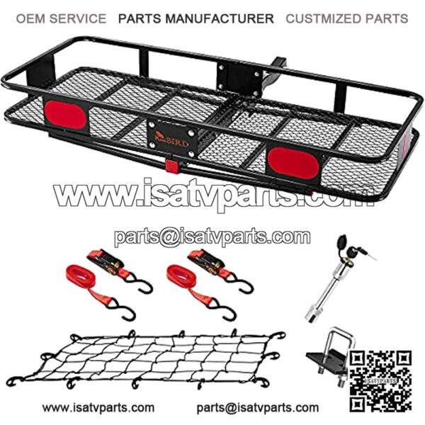 Upgraded 60" x 24" x 6" Hitch Mount Folding Cargo Carrier Fits to 2'' Receiver,550LBS Capacity Cargo Basket with Trailer Hitch Lock,Hitch Stabilizer,Net and Straps
